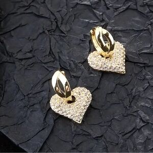 Gold Heart Shiny Zircon Dangle Earrings, Elegant Minimalist Style,